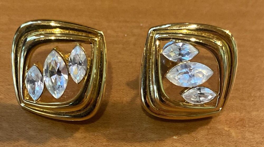 Gold Tone Square Clear Stone Stud Earrings Women’s Geometric Modern Jewelry READ